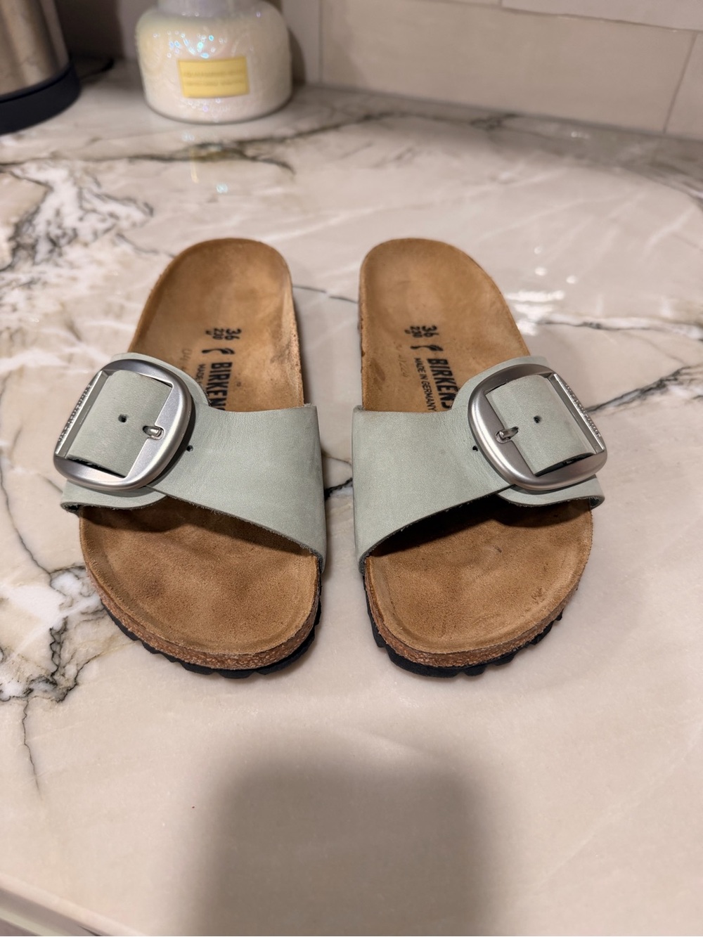 Birkenstock Single Strap Slide in Sage Green with Silver Buckles